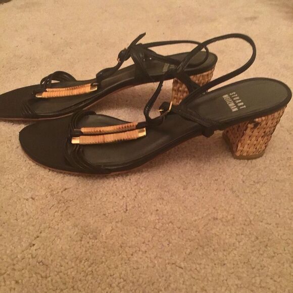 Vtg Rare STUART WEITZMAN Black Leather Strappy Brown BASKET WEAVE Heels Sandals - Picture 5 of 12